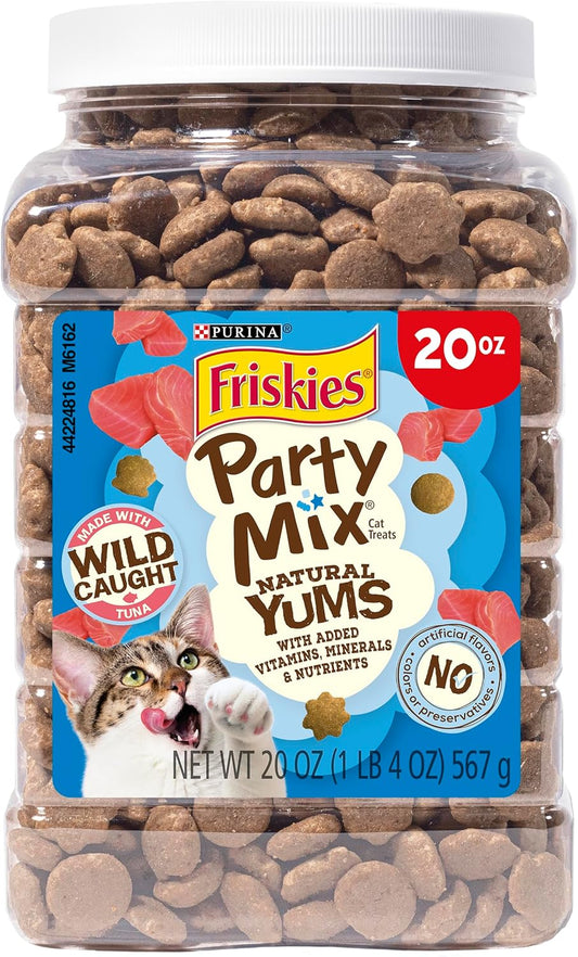 New Purina Friskies Natural Cat Treats, Party Mix Natural Yums With Wild Caught Tuna and Added Vitamins | 20 oz. Canister