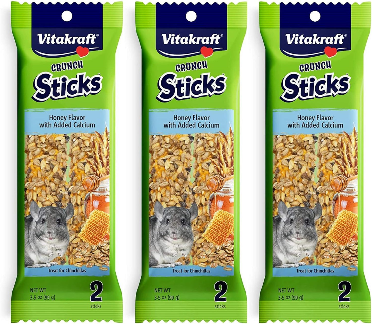New Vitakraft Honey Flavor with Added Calcium Crunch Sticks Chinchilla Treats | 3 Pack