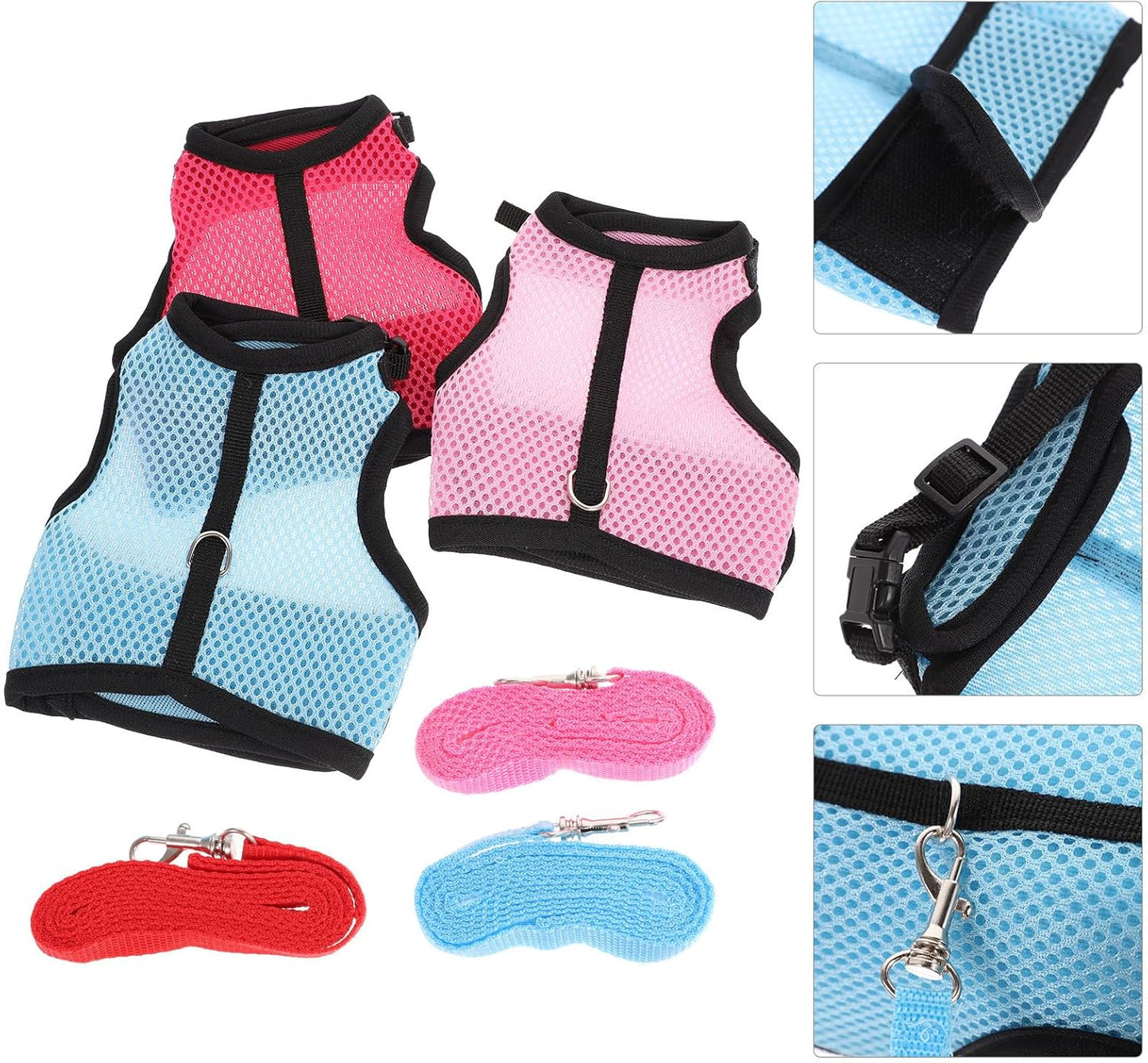 New TOYANDONA Small Animal Harness Leash Set| L, 3pcs Pack (Rose Red, Light Blue, Pink) for Indoor and Outdoor Pet Walking
