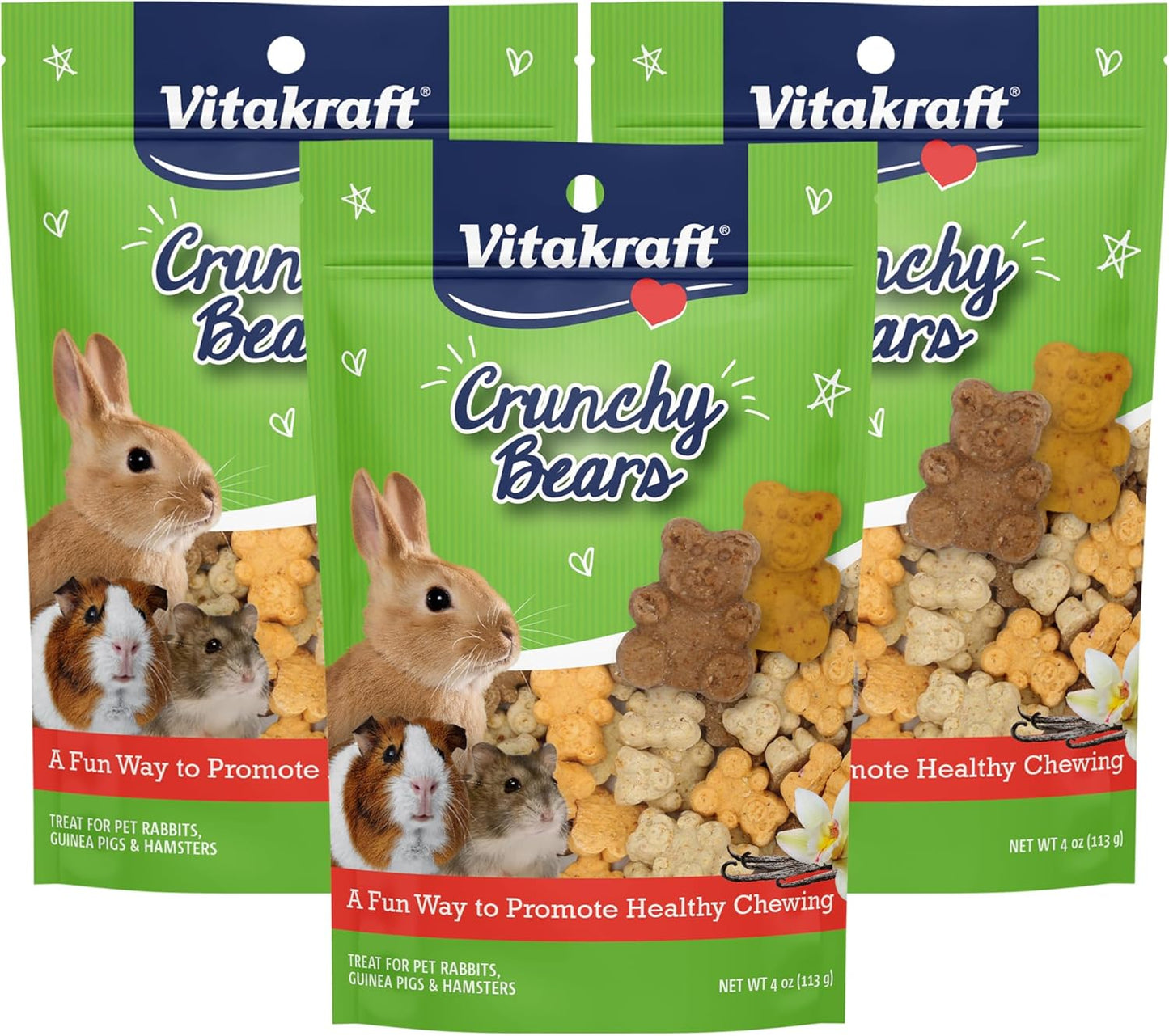 New Vitakraft Crunchy Bears Rabbit, Guinea Pig & Hamster Treat 4 Ounce (Pack of 3, Vanilla)