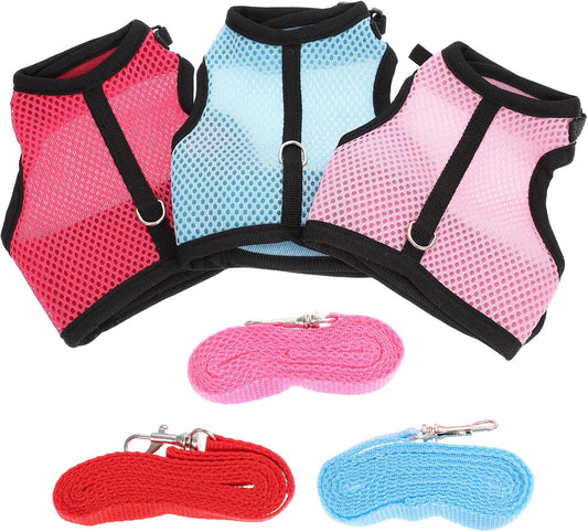 New TOYANDONA Small Animal Harness Leash Set| L, 3pcs Pack (Rose Red, Light Blue, Pink) for Indoor and Outdoor Pet Walking