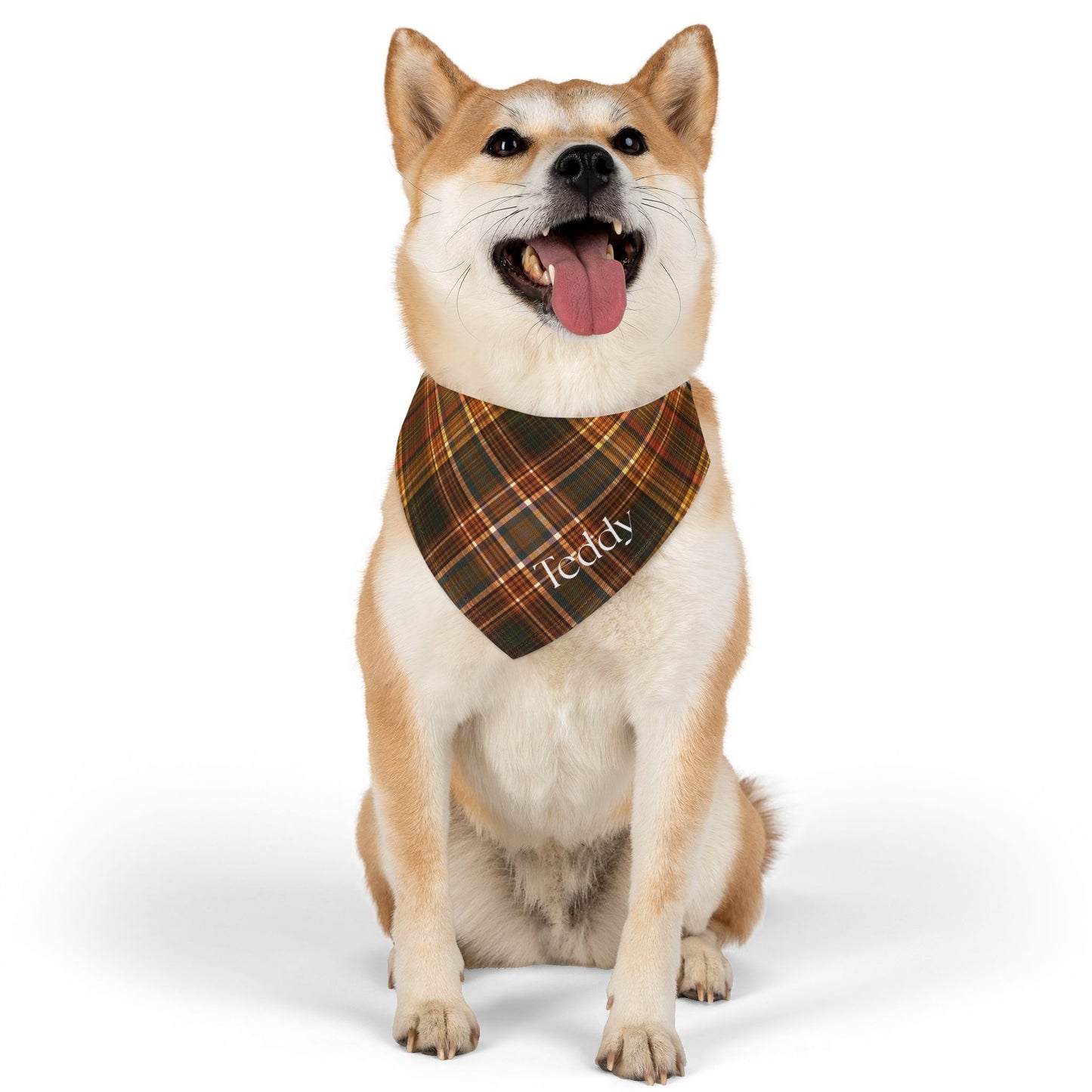 Personalized Plaid Pet Bandana Collar — Custom Name (Autumn Tartan)