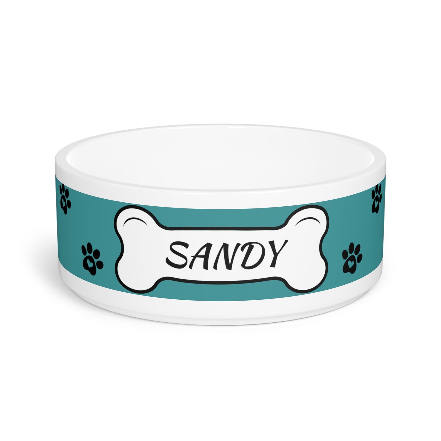 Personalized Pet Bowl — Teal Paw Print Dog Bowl with Bone Nameplate (Custom Name)