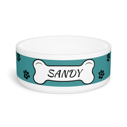 Personalized Pet Bowl — Teal Paw Print Dog Bowl with Bone Nameplate (Custom Name)