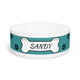 Personalized Pet Bowl — Teal Paw Print Dog Bowl with Bone Nameplate (Custom Name)